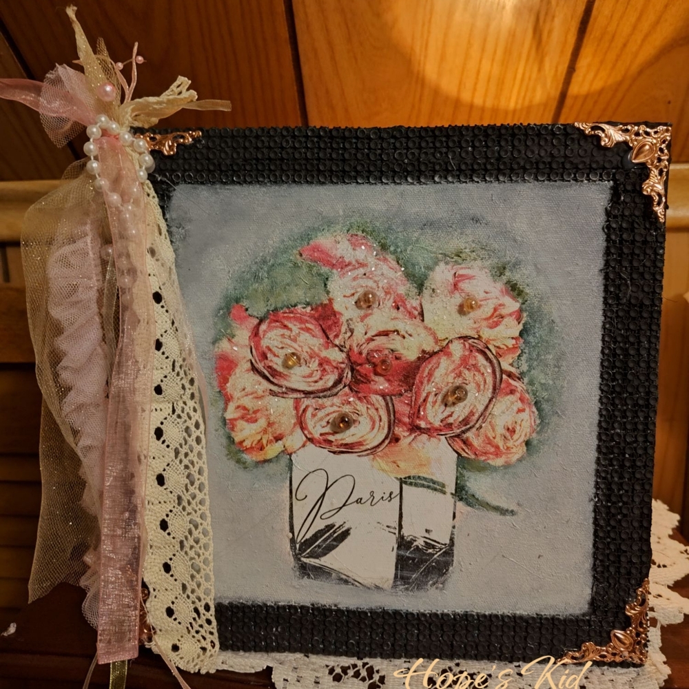 Floral Canvas Art with Lace and Ribbon